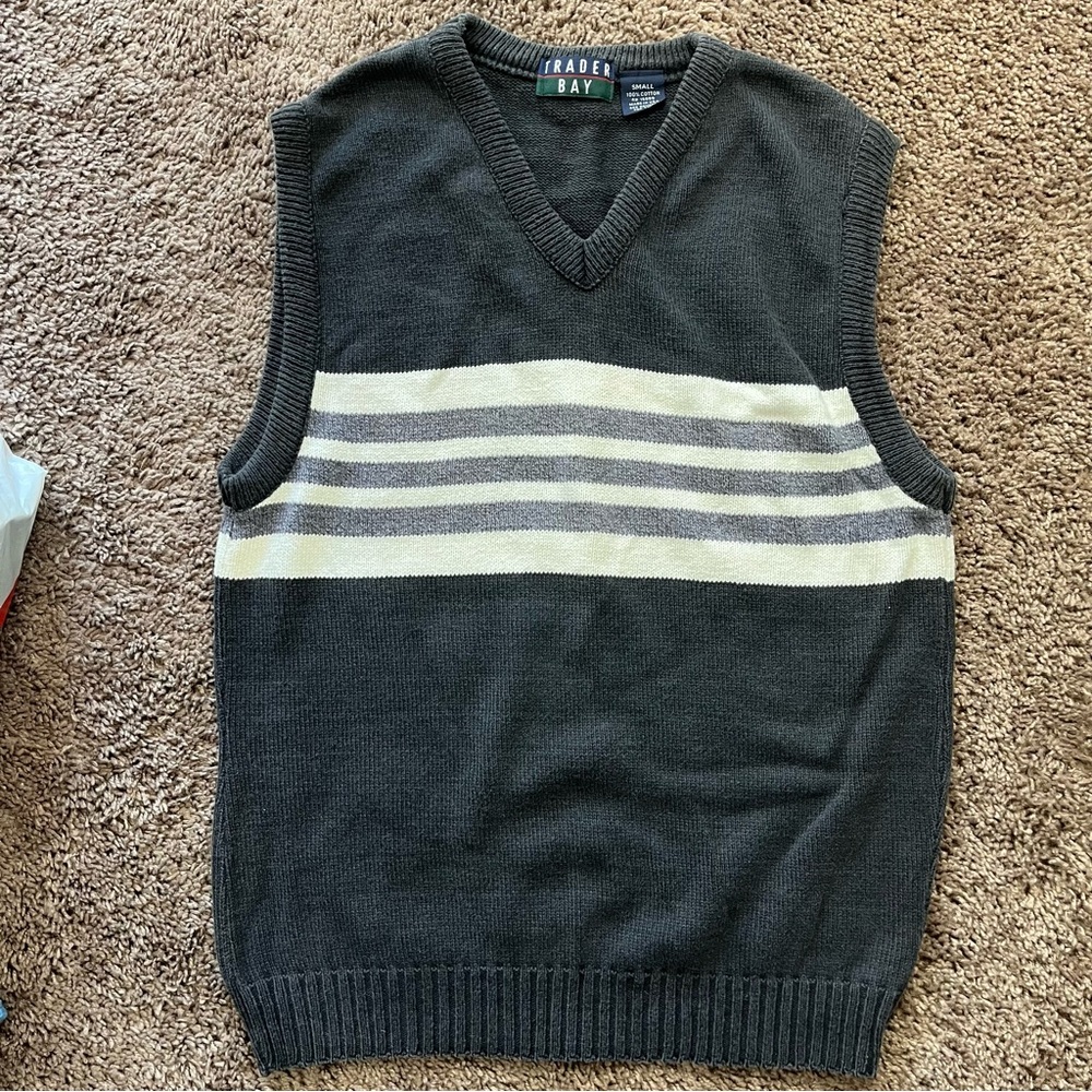 Vintage Sweater Vest V Neck Stripe 100% Cotton Academia Preppy Grandpa Small